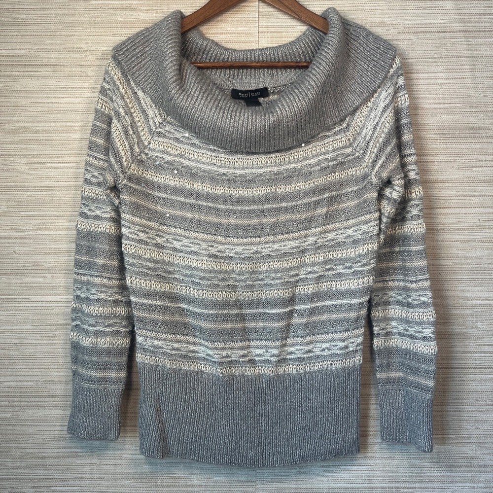 White House Black Market Gray Striped Cowl Neck Sequins Sweater Medium